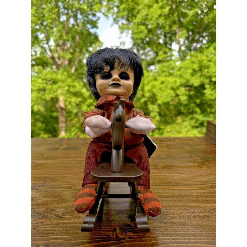 Creepy Animated Rocking Boy Doll Black Hollow Eyes Haunted‎ Halloween Prop